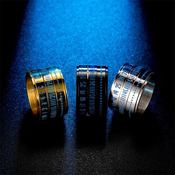 

rotatable rings for men blue luminous display arabic numerals time show wide stainless steel ring gold silver black jewelry, Slivery;golden