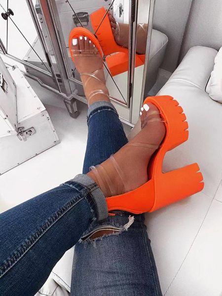 

оранжевый jelly sandasls peep toe толстые высокие каблуки женская обувь clear narrow band прозрачный сандалии рабочей площадки плюс размер 3, Black