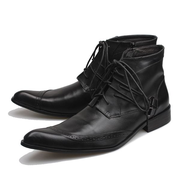 

2018 new autumn winter men leather boots black pointed toe lace-up botas hombre fashion designer's ankle boots sapatos, eu38-46