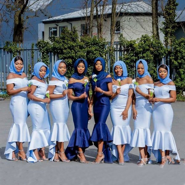 

african stain blue mermaid bridesmaid dresses off the shoulder sweetheart neck hi-lo short sleeve formal wedding party gowns, White;pink