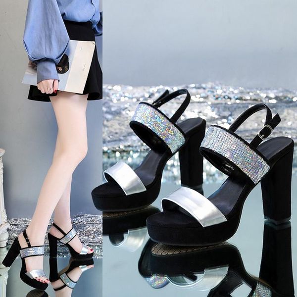 

women's summer sandals outdoor trend sequin fish mouth buckle heel shoes woman sandalias sapato feminino 2020 zapatos de mujer, Black