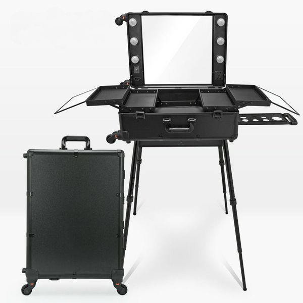 

6 colors led professional large wheeled studio makeup case with light mirror 4 legs