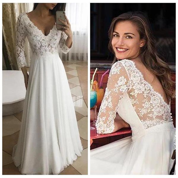 

romantic v-neck a-line beach wedding dresses with sleeves sweep train bridal dresses low lace back wedding dress vestido de noiva, White