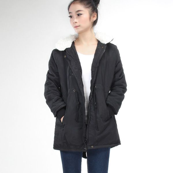 

women long sleeve thicken fleece hooded parka zipper overcoat winter coat jacket plus size, Black
