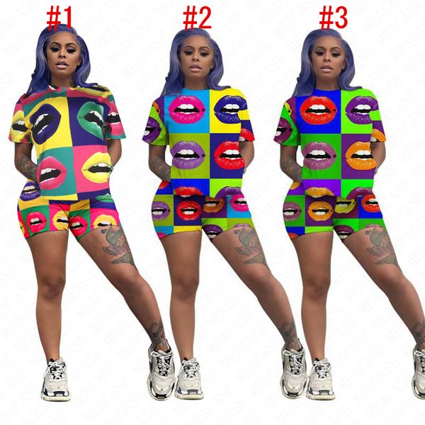 

women tracksuit designer contrast patchwork lips print pullover t-shirt shorts sets fashion outfits two piece sport suit d62308, White