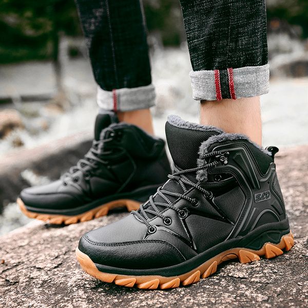 

fashion winter men boots men leather workwear boots fur comfortable outdoor non-slip casual shoes men's hiking size 39-46, Black