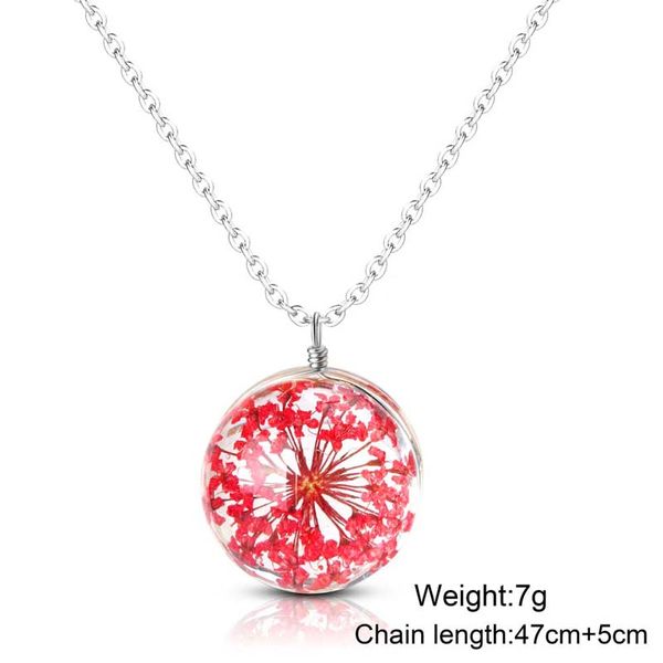 

handmade real dried flower round glass pendant necklaces for women multicolor cute transparent necklace diy silver chain charms jewelry whol