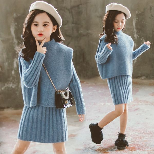 

girls long sleeve waistcoat sweater and bodycon skirt two piece set fashion wear knitted outfits sweater skirt suit, Blue