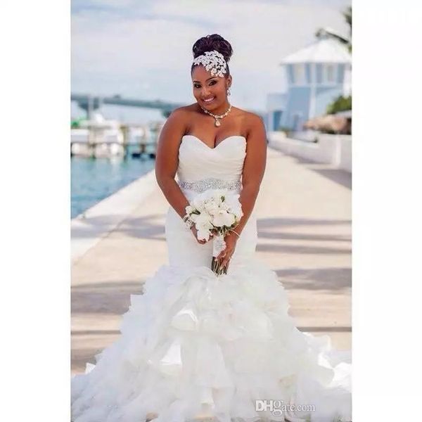 

gorgeous ruffle organza mermaid plus size wedding dresses africa tiers beads sash african country bridal gown train bride dress custom, White