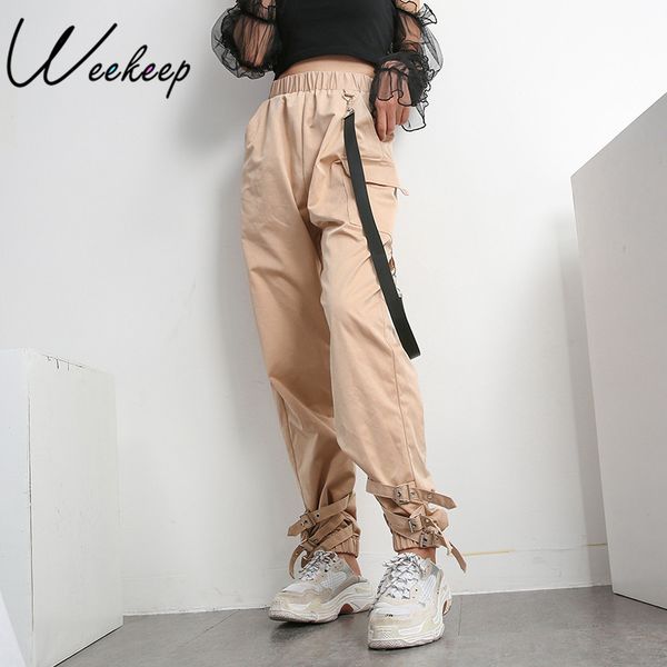 

weekeep high waist adjustable pants women loose elastic wasit cargo pants fashion streetwear trousers 2018 women pencil, Black;white