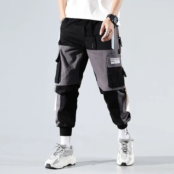 

2019 new hip hop overalls highstreet color block contrast sports pants drawstring men's jogging pants street style, Black