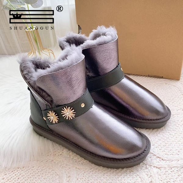 

fashion sheepskin leather women ankle winter boots for women natural fur lined short snow boots metal snowflake shoes waterproof, Black