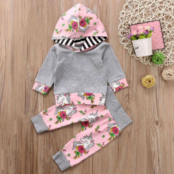 

2pcs newborn infant toddler kid baby girls clothes long sleeve cotton popular unicorn girls t-shirt+pants set kids outfits xmas, Pink;blue