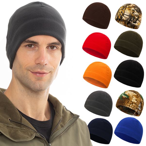 

men women winter warm outdoor faux fleece round hat camo camouflage solid color windproof tactical beanie skull cap