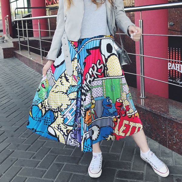 

2019 summer women midi skirts bottom korean fashion ladies cartoon printed high waist pleated skirt for women female, Black