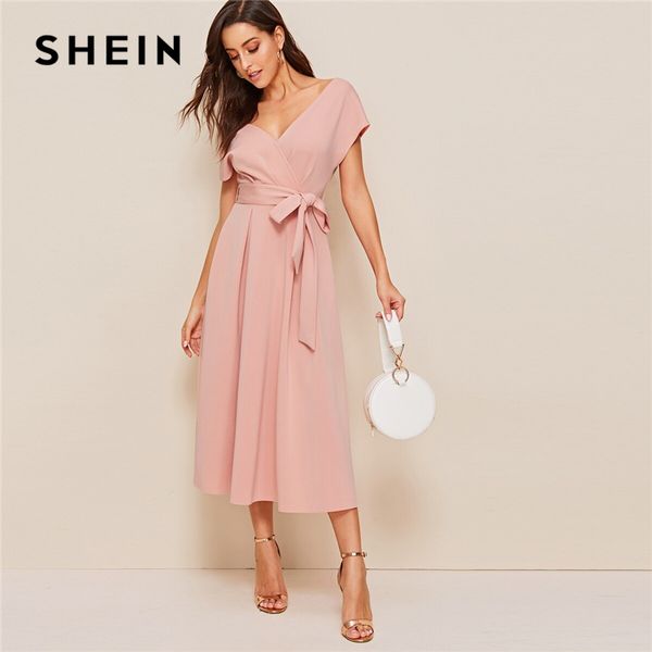 

shein zipper back surplice neck belted flare dress elegant women summer dress solid deep v neck high waist, Black;gray