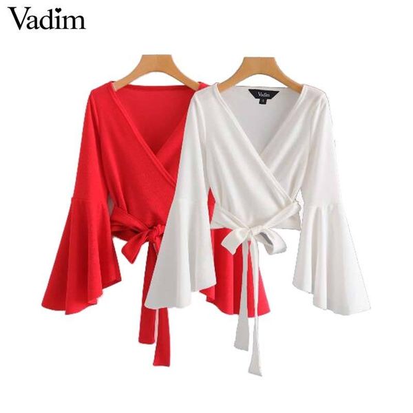 

vadim women bow tie cross v neck crop sashes flare sleeve short wrap blouse shirt casual red white blusas la967