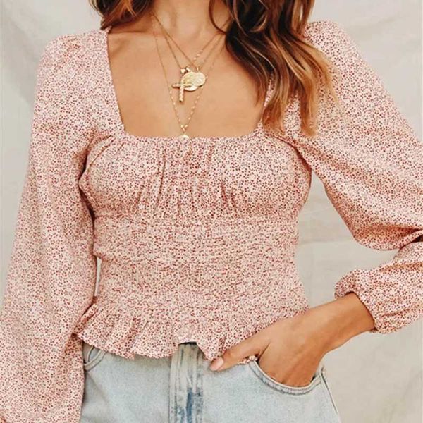 

women's blouses & shirts summer women french retro square collar elasticated pleated waist print blouse shirt vintage for womens, White