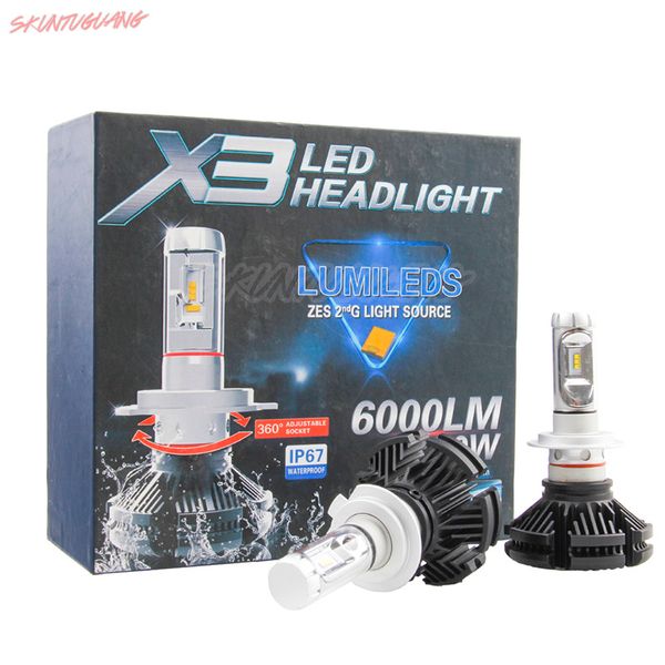 

2pcs super bright x3 led фара лампа h1 h4 h7 автомобиль фара 6000lm 3000k / 6500k / 8000k авто мотоцикл фара лампа