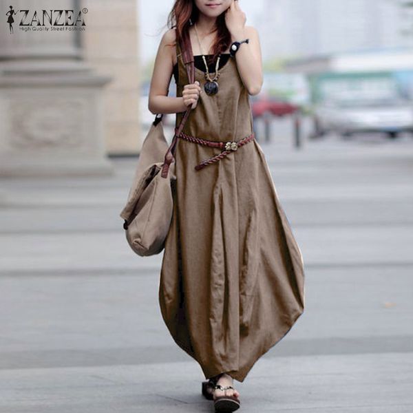 

casual dresses zanzea 2021 summer dress elegant women's baggy sundress sleevelesss maxi vestidos female o neck robe femme oversized 5xl, Black;gray