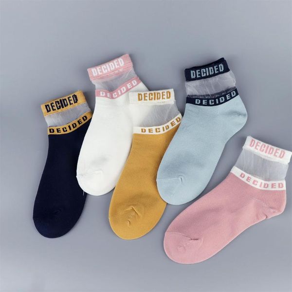 

1 pair fashion lace sock funny print letter glass silk cotton socks women casual breathable cotton art short socks, Black;white