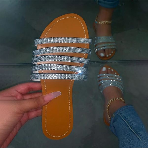 

2020 woman slippers sewing crystal beach open toe non ladies slip flat shoes woman fashion slippers female summer new hot, Black