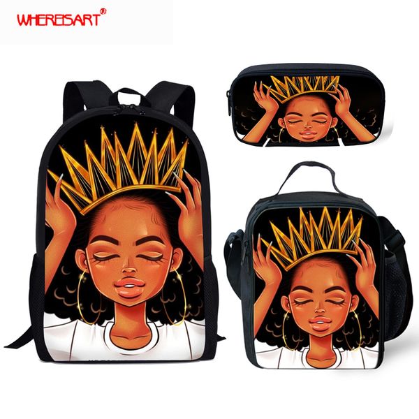 

whereisart children set school bags black queen afro girls prints canvas kindergarten kids school backpack mochila escolar