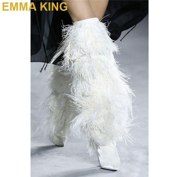 

fashion runway shoes winter feather boots pointed toe over-the-knee boots women high heels tassel thigh high woman shoes, Black