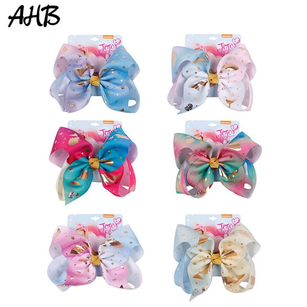 

selling 8 inch jojo clip jojo bows siwa rainbow printed knot ribbon bow hair clip children hair accessories jjbh18710, Slivery;white