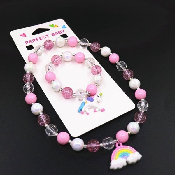 

2pcs/set unicorn charms children jewelry set girls cute simulated pearl acrylic necklace elastic bracelet kids birthday gifts, Silver
