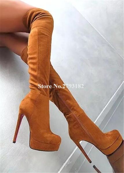 

women fashion round toe suede leather high platform stiletto heel over knee boots slim style long high heel boots dress, Black