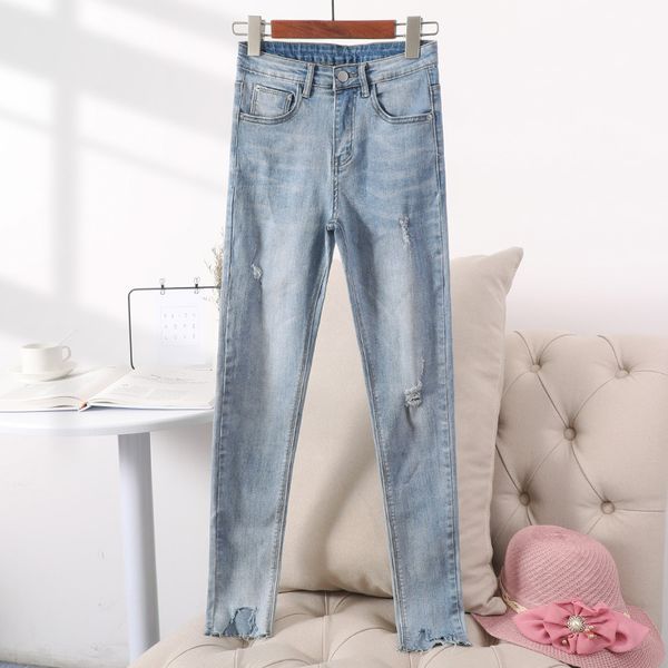 

165 # ins-стиль джинсы капри стиральными light blue с отверстиями флэш-тощие брюки женщин тощий упругой среды талии брюки