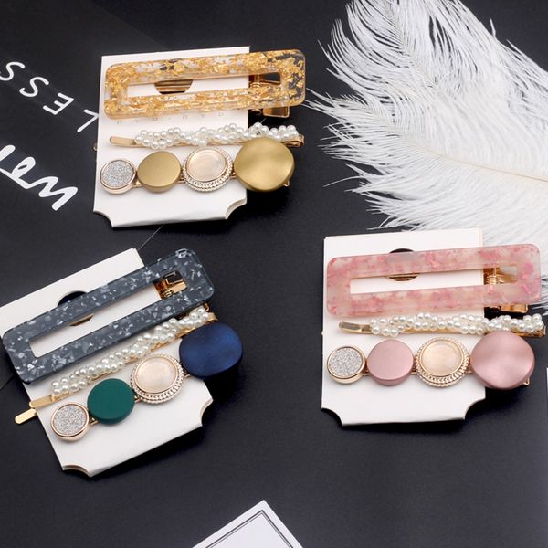 

3pcs/set fashion pearls acetate geometric hair clips for women girls sweet hairpins barrettes hair accessories, Golden;white