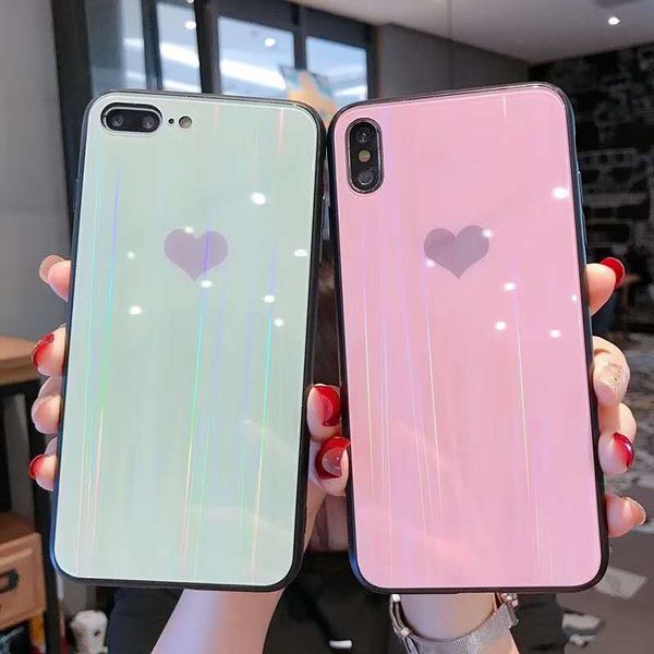 

2019 glass rear for phone case laser aurora tempered glass for iphone x case heart shape phone case