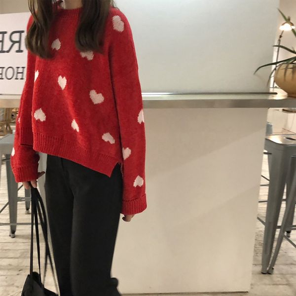 

sweet style heart shaped print women sweater fashion cute round neck knit pullover loose casual long sleeve sweater, White;black