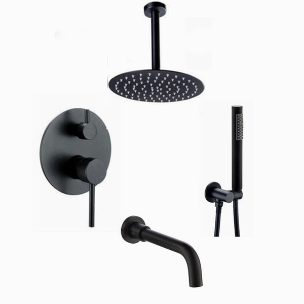 

matte black 8"10"12"16" stainless steel rian celling shower head brass shower with black spout mixer handheld spray set