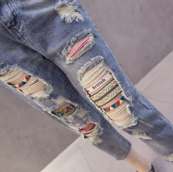 

женщины летние брюки повседневные брюки для дам синий разорвал старинные цвета группа середины талии тощий деним икры длина джинсы, Blue