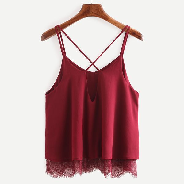 

woman tanks tank new arrival plain wine red spaghetti strap lace chiffon camisole korean summer female blusa cropped feminino, White