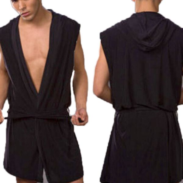 

men hooded pajamas robe with briefs silk sleepwear summer dress pijama bathrobe men bath, Black;brown