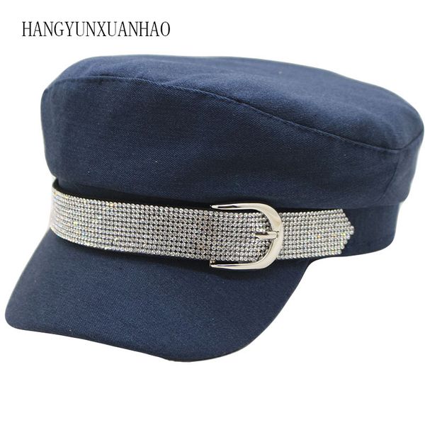 

fashion diamond hat autumn cotton sailor hat for women men flat female crystal travel cadet captain cap, Blue;gray
