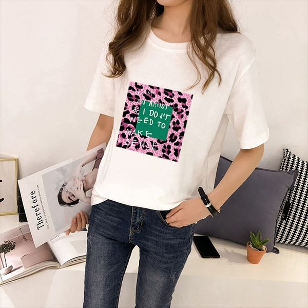 

letter printing women's base shirt 2020 women's large size short sleeve t-shirt women, White