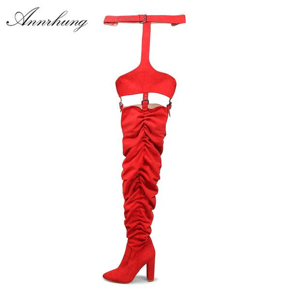 

novelty pleated high heel thigh high boots women chunky heel waist garter belt shoes unique cut out long booties for women, Black
