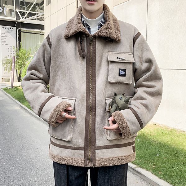 

lamdswool high street warm jackets mens winter korean style cashmere jackets parkas men collage streetwear outcoat plus size 5xl, Black;brown