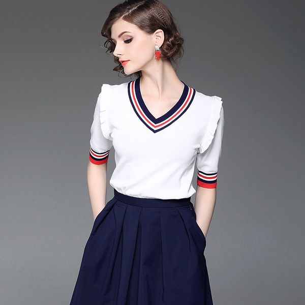 

seasonal women's temperament coat v-neck striped knitted q701833a seasonal women's temperament coat t-shirt v-neck striped knitted, White