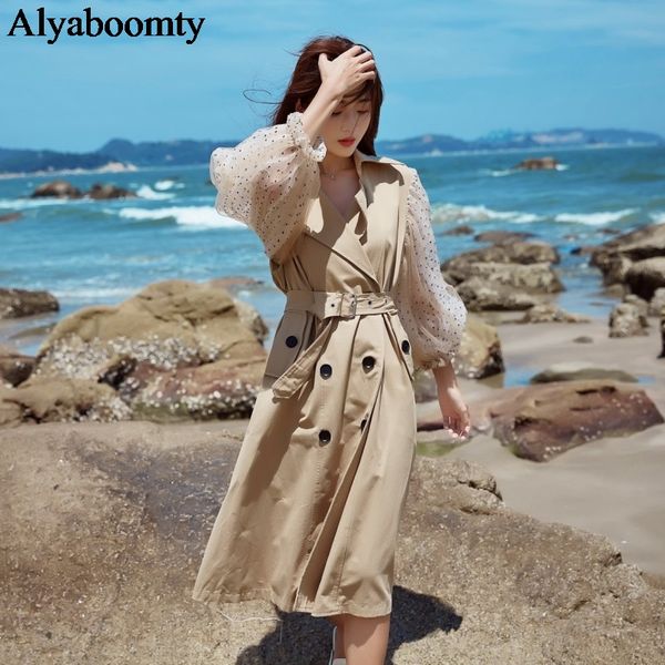 

korean style ulzzang autumn spring women trench coat khaki oversized loose ropa mujer polka dot mesh puff sleeve long jackets, Tan;black