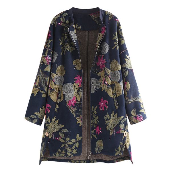 

womens coat winter warm outwear floral print zipper pockets vintage oversize female coats women's casual outwear plus size 5xl, Black
