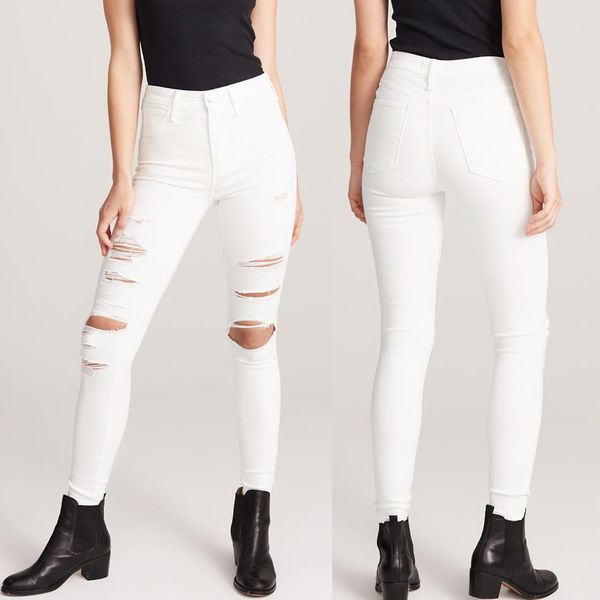 

fashion womens jeans pocket zipper hole ripped jeans denim female mid waist slim pants white skinny l42, Blue