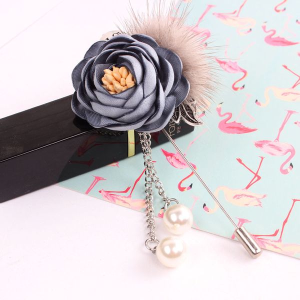 

cloth flower brooch tassel brooch beads pearl long needle sweater corsage shawl coat lapel pin women accessories jewelry gifts, Gray