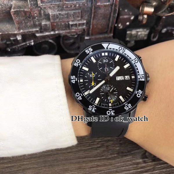 

new 42mm iw376705 pvd black steel case black dial japan quartz chronograph mens watch black rubber strap gents sportwatch, Slivery;brown