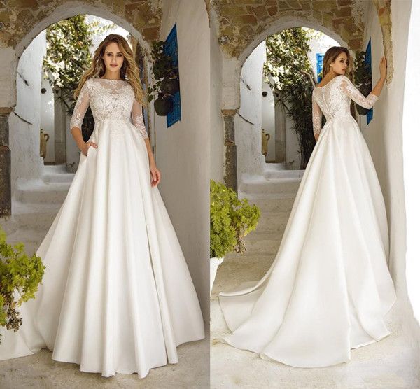 Discount 2020 Vintage Wedding Dresses A Line Bateau Lace Applique